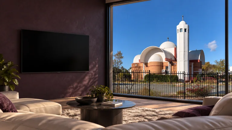 Kaleen — Room concept with a wall-mounted TV and a view inspired by St Mark Coptic Orthodox Church.