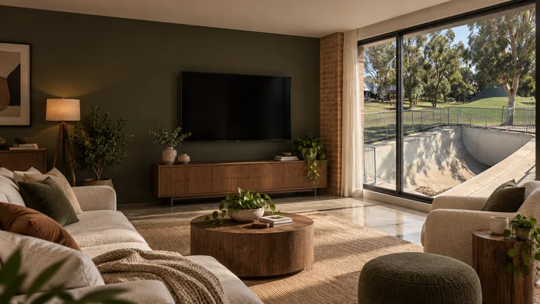 Kambah — Room concept with a wall-mounted TV and a view inspired by Kambah U-pipe bowl.