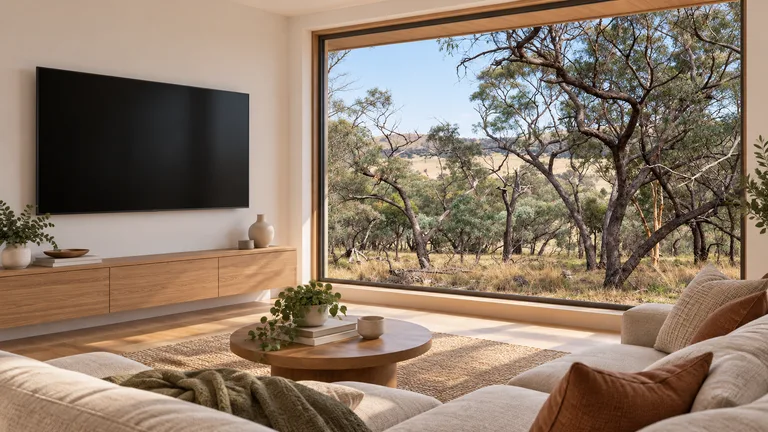 Kinlyside — Conceptual room with a wall-mounted TV and a view inspired by Kinlyside Nature Reserve. Kinlyside is a reserve, not a current residential suburb.