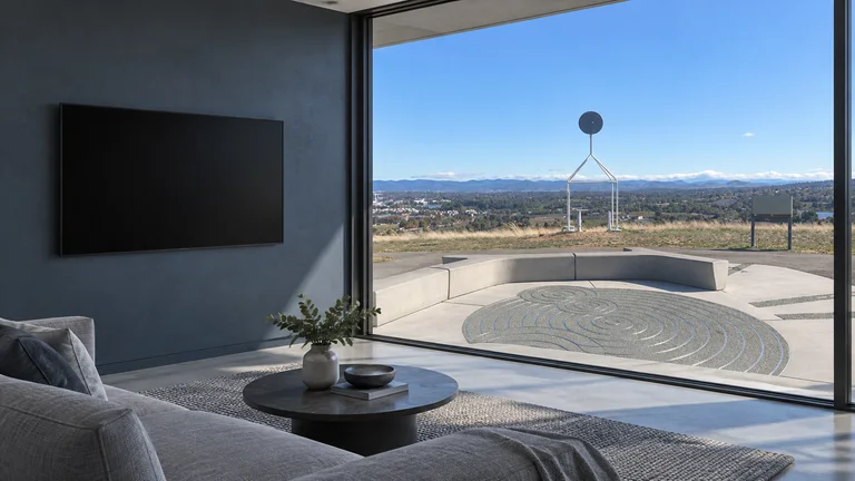 Lawson — Room concept with a wall-mounted TV and a view inspired by Reservoir Hill Trig and direction artwork.