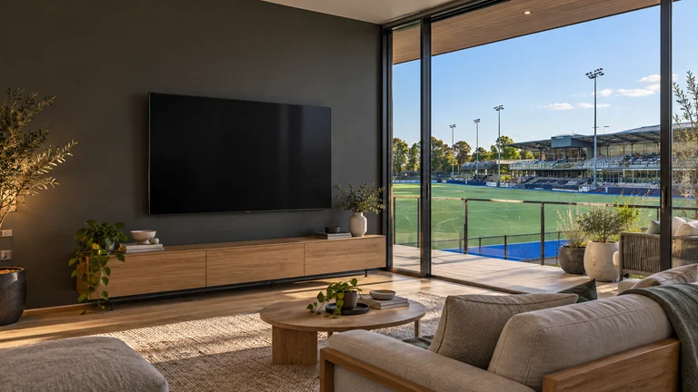 Lyneham — Room concept with a wall-mounted TV and a view inspired by National Hockey Centre.