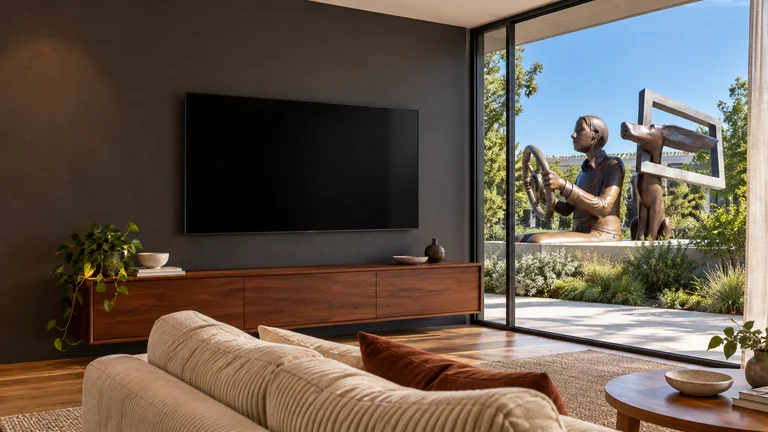Lyons — Room concept with a wall-mounted TV and a view inspired by On the Road Again sculpture.