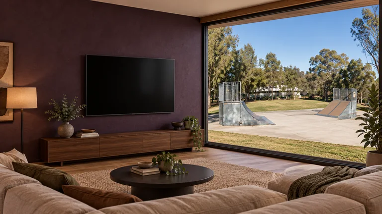 Macarthur — Room concept with a wall-mounted TV and a view inspired by Macarthur Community Park skate ramps.