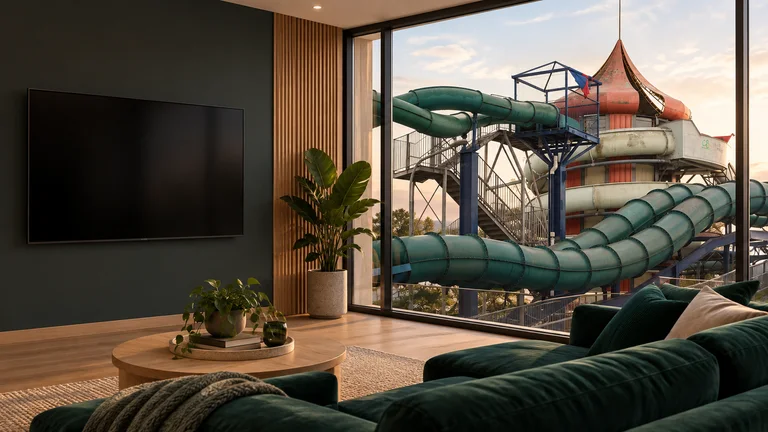 Macquarie — Room concept with a wall-mounted TV and a view inspired by Big Splash landmark slide tower.