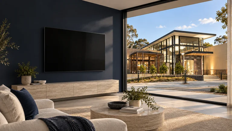 Mawson — Room concept with a wall-mounted TV and a view inspired by The Mawson Club.