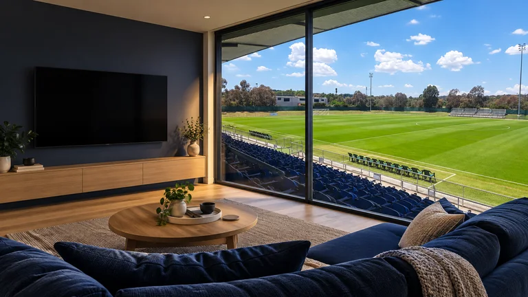 McKellar — Room concept with a wall-mounted TV and a view inspired by McKellar Park football ground.
