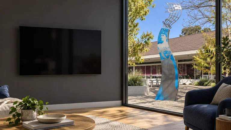 Melba — Room concept with a wall-mounted TV and a view inspired by Harmonies sculpture at Melba shops.