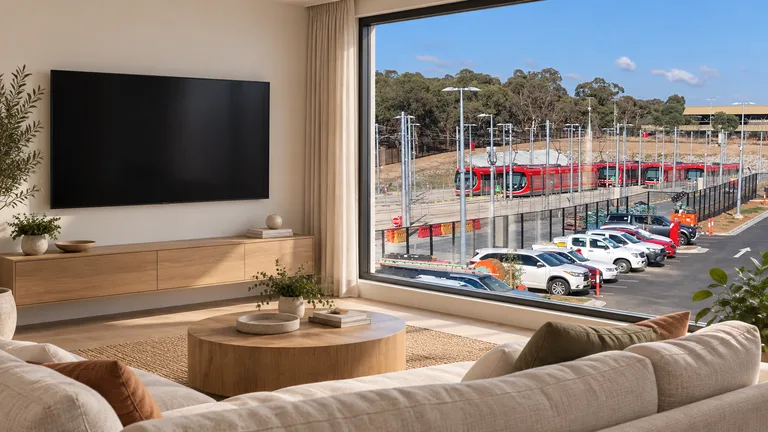 Mitchell — Room concept with a wall-mounted TV and a view inspired by Canberra light rail depot.
