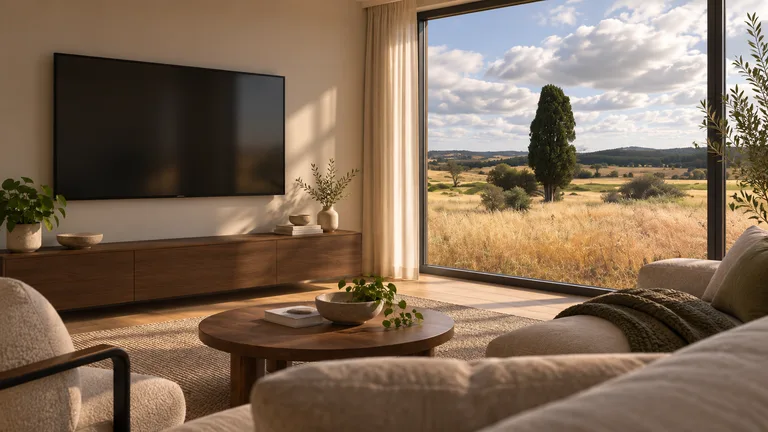Molonglo — Conceptual room with a wall-mounted TV and a view inspired by the documented Roman cypress at the former Coppin Homestead site in Molonglo.