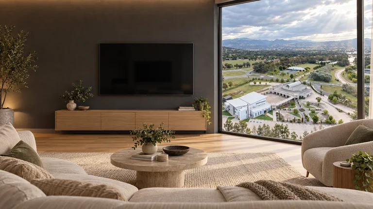 Monash — Room concept with a wall-mounted TV and a view inspired by Canberra Islamic Centre and Sabah Al-Ahmad Mosque.
