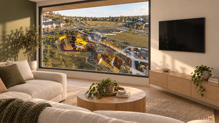 Moncrieff — Room concept with a wall-mounted TV and a view inspired by Moncrieff Community Recreation Park.