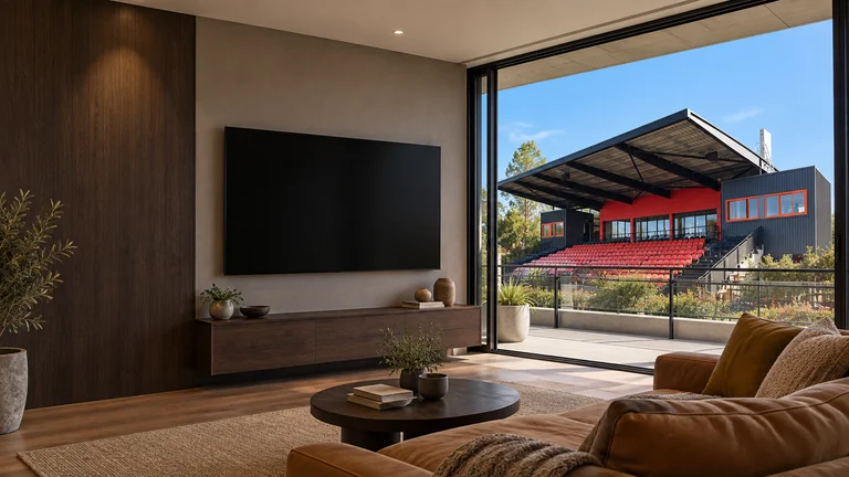 Narrabundah — Room concept with a wall-mounted TV and a view inspired by Narrabundah Ballpark grandstand.