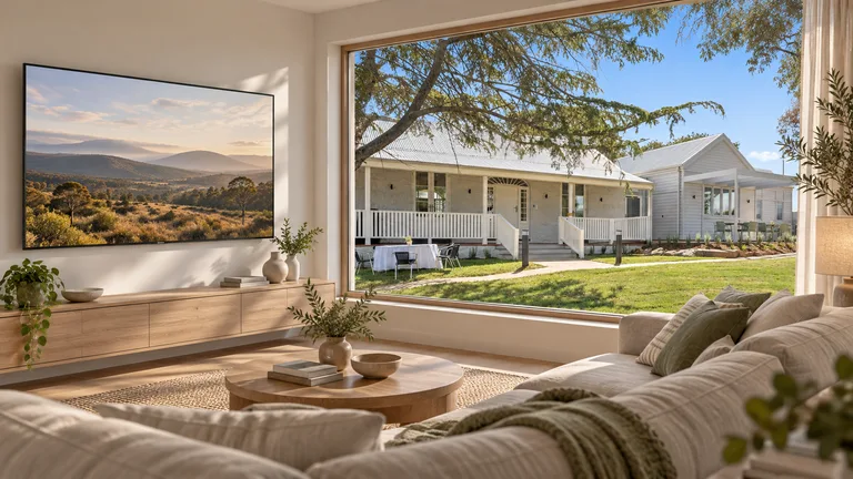 Ngunnawal — Room concept with a wall-mounted TV and a view inspired by Gold Creek Homestead.