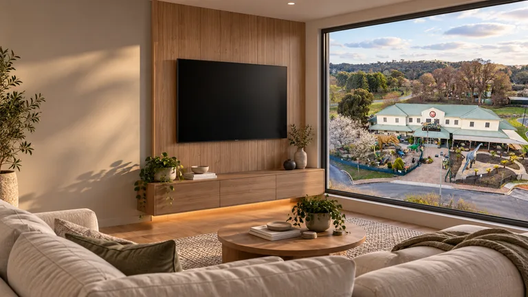 Nicholls — Room concept with a wall-mounted TV and a view inspired by National Dinosaur Museum.