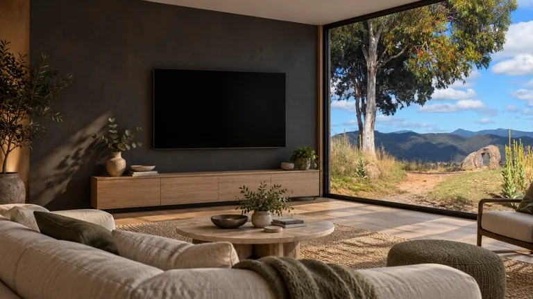 Oxley — Room concept with a wall-mounted TV and a view inspired by Oxley Hill inauguration lookout.