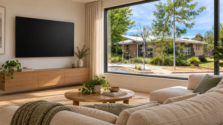 Palmerston — Room concept with a wall-mounted TV and a view inspired by Palmerston Community Centre.