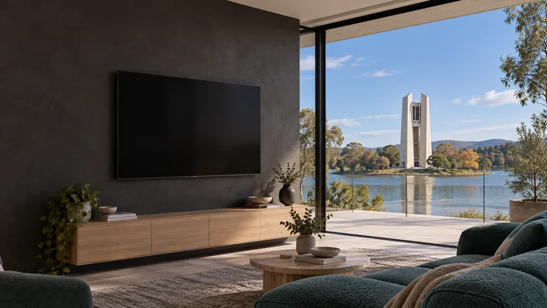 Parkes — Room concept with a wall-mounted TV and a view inspired by National Carillon.