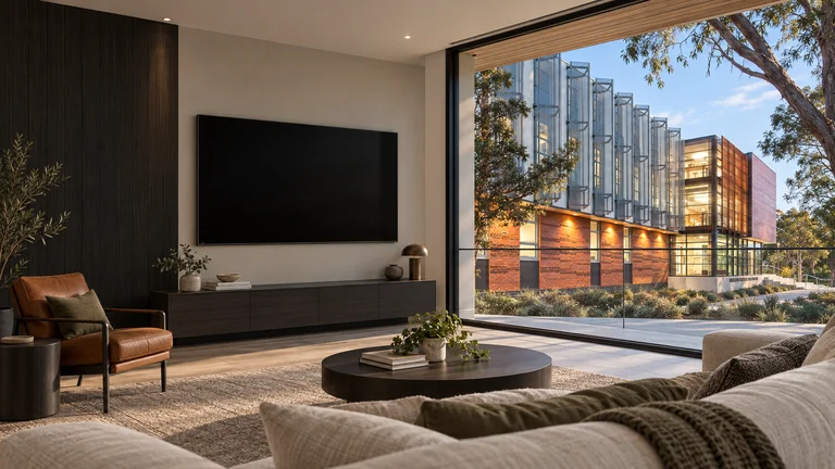 Pearce — Room concept with a wall-mounted TV and a view inspired by Marist College Veritas building.