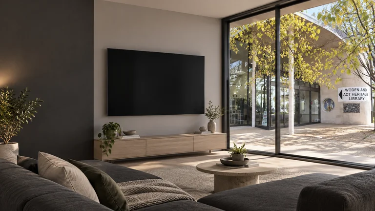 Phillip — Room concept with a wall-mounted TV and a view inspired by Woden and ACT Heritage Library.