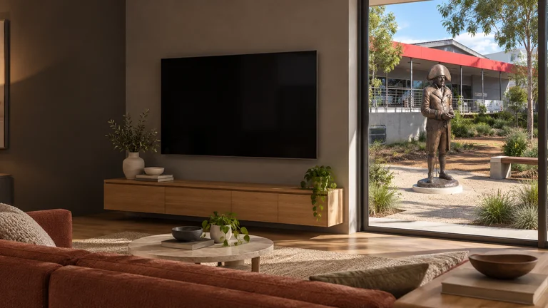 Red Hill — Room concept with a wall-mounted TV and a view inspired by La Pérouse bronze sculpture at Red Hill shops.