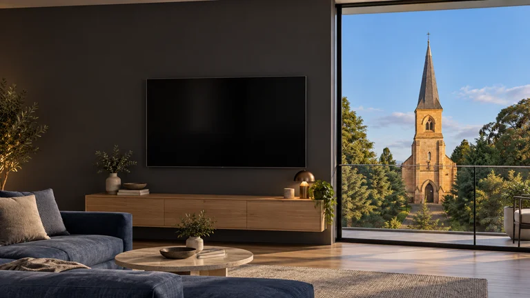 Reid — Room concept with a wall-mounted TV and a view inspired by St John the Baptist Church.