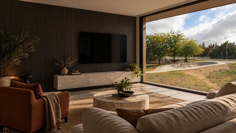 Richardson — Room concept with a wall-mounted TV and a view inspired by Richardson skate bowl.
