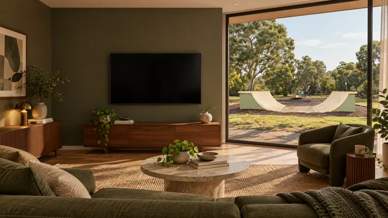 Rivett — Room concept with a wall-mounted TV and a view inspired by Rivett mini skate ramp.