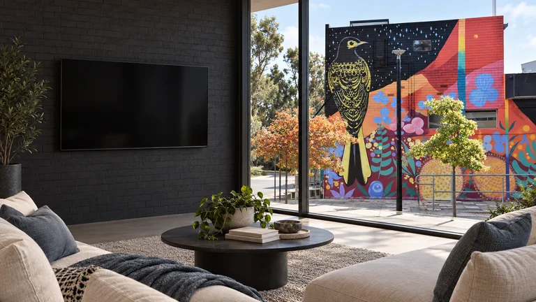 Scullin — Room concept with a wall-mounted TV and a view inspired by Pollen mural at Scullin Shops.