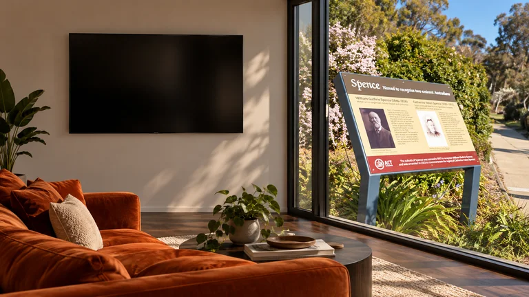 Spence — Room concept with a wall-mounted TV and a view inspired by Spence co-naming interpretive sign.