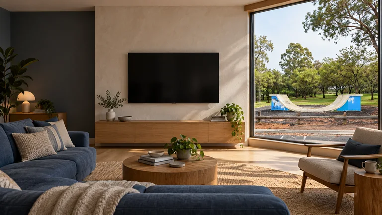 Stirling — Room concept with a wall-mounted TV and a view inspired by Stirling mini skate ramp.