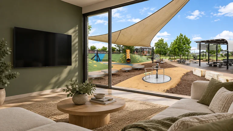 Strathnairn — Room concept with a wall-mounted TV and a view inspired by Paddys Park.