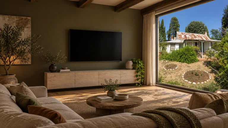Symonston — Room concept with a wall-mounted TV and a view inspired by Mugga-Mugga Cottage.
