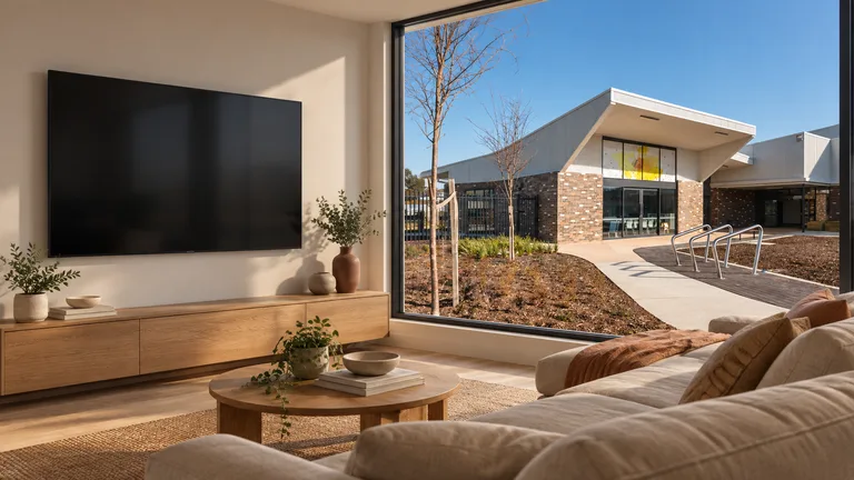 Taylor — Room concept with a wall-mounted TV and a view inspired by Margaret Hendry School.
