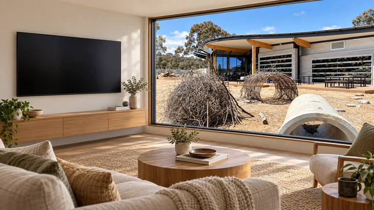 Throsby — Room concept with a wall-mounted TV and a view inspired by Wildbark Visitor Centre.