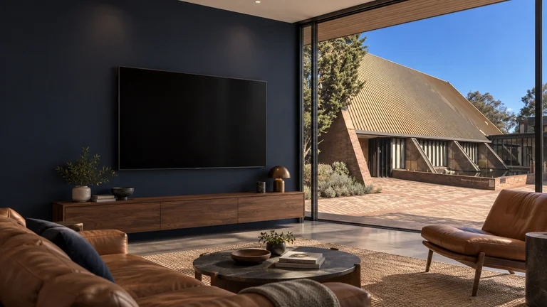 Turner — Room concept with a wall-mounted TV and a view inspired by Canberra National Seventh-day Adventist Church.