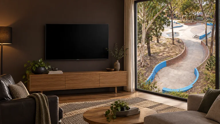 Wanniassa — Room concept with a wall-mounted TV and a view inspired by Erindale Brick Banks.