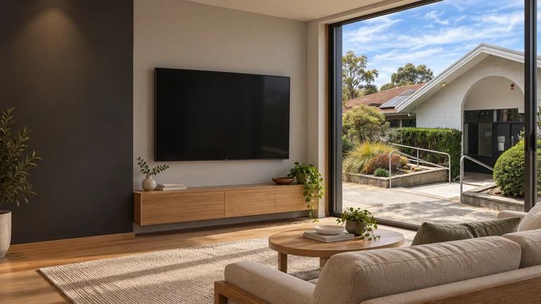 Watson — Room concept with a wall-mounted TV and a view inspired by Watson Arts Centre / Canberra Potters entrance.