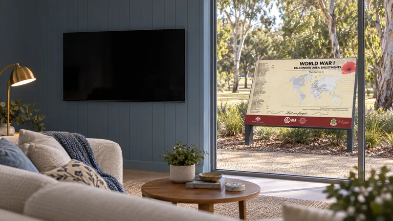Weetangera — Room concept with a wall-mounted TV and a view inspired by Ellen Clark Park World War I enlistments memorial marker.