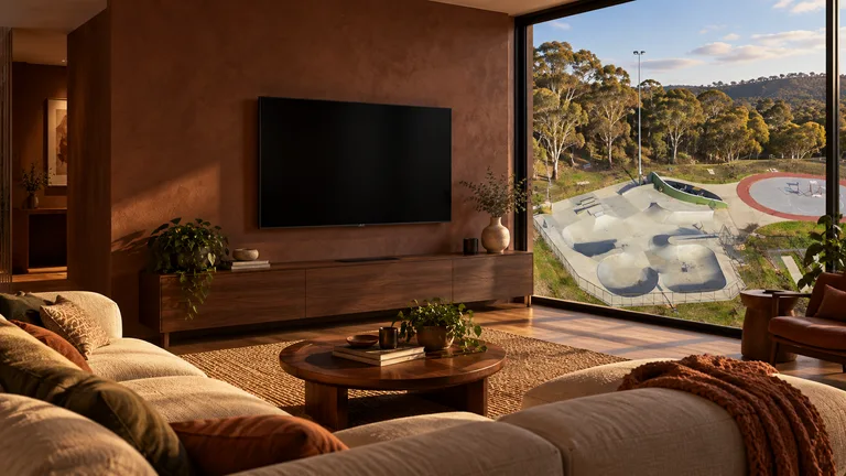 Weston — Room concept with a wall-mounted TV and a view inspired by Weston Creek Skatepark.