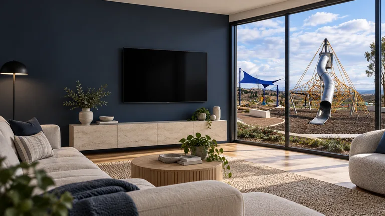 Whitlam — Room concept with a wall-mounted TV and a view inspired by Whitlam Community Playground rope tower.