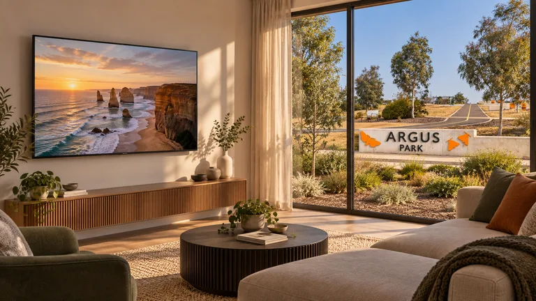 Wright — Room concept with a wall-mounted TV and a view inspired by Argus Park.