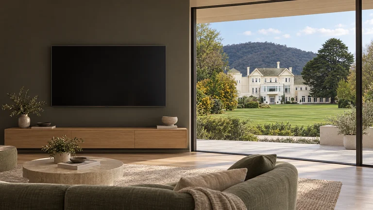 Yarralumla — Room concept with a wall-mounted TV and a view inspired by Government House.