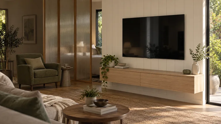 Florey — Generated room concept with a wall-mounted television.