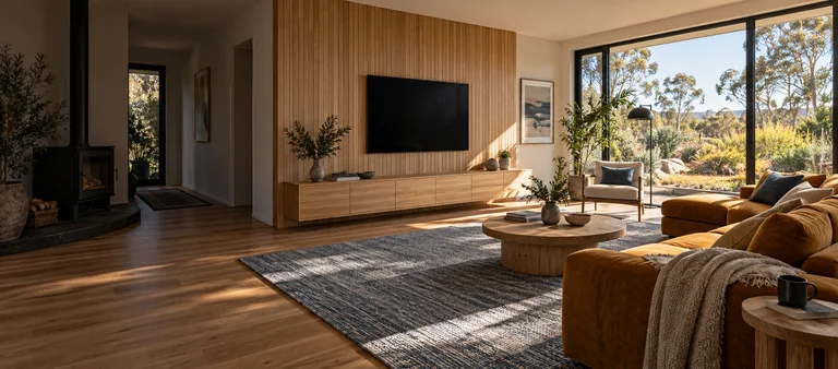 Rivett — Generated room concept with a wall-mounted television.