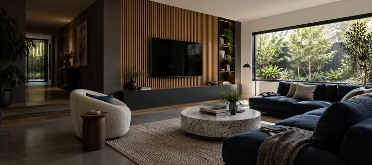Wright — Generated room concept with a wall-mounted television.